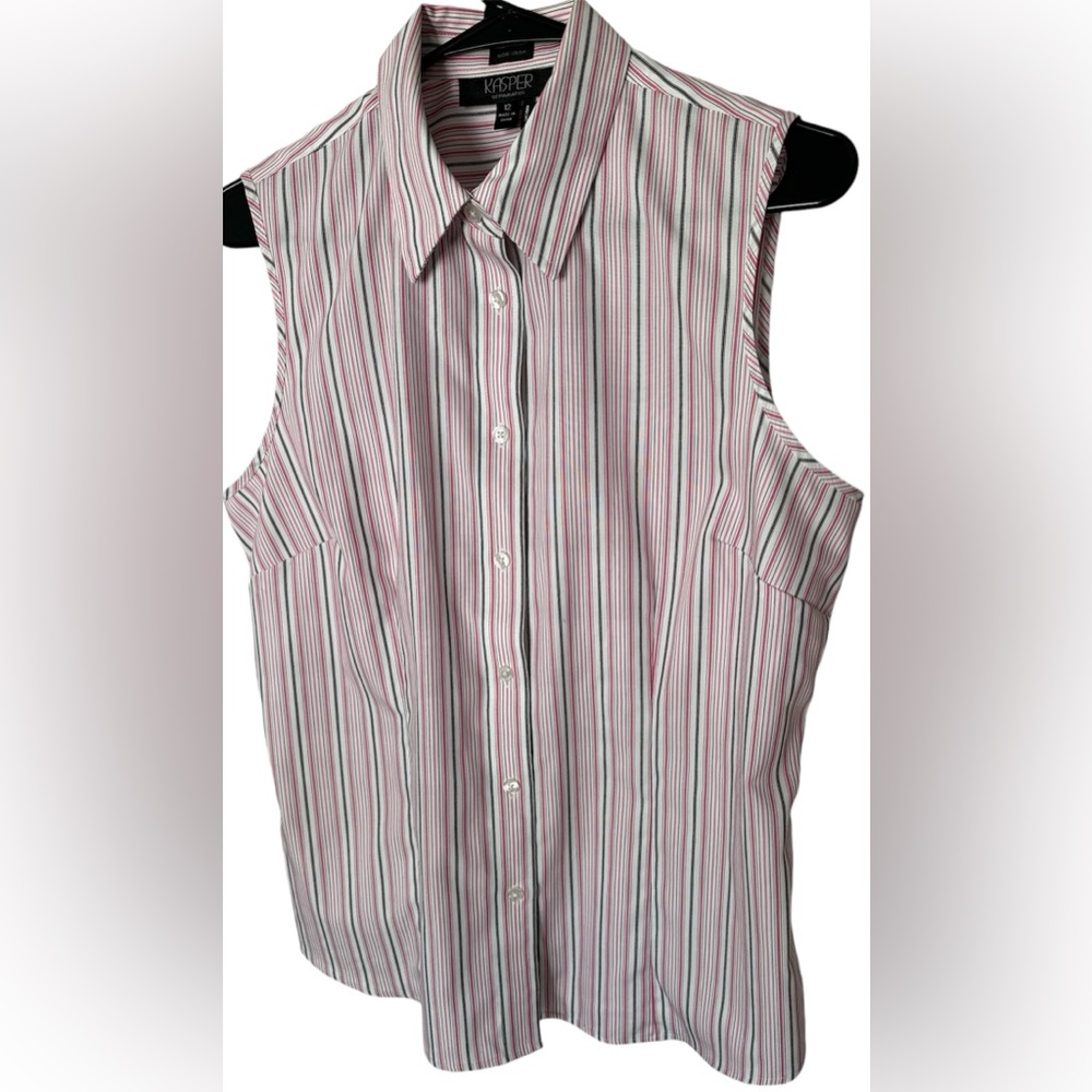 Women’s Striped KASPER Top Blouse Sleeveless Cocktail Shirt Button Down Size 12